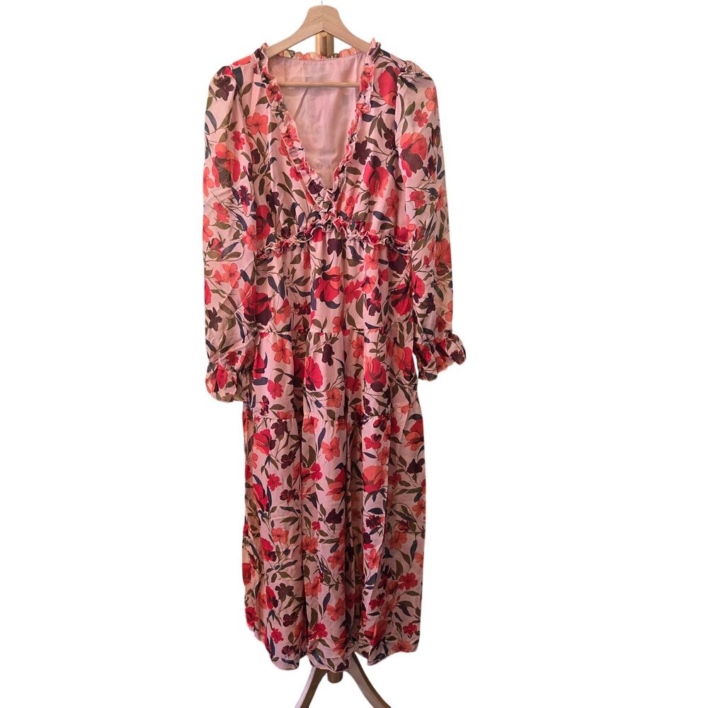 NWT Medium Pink Floral V-Neck Long-sleeved Midi Dress [0176-P]
